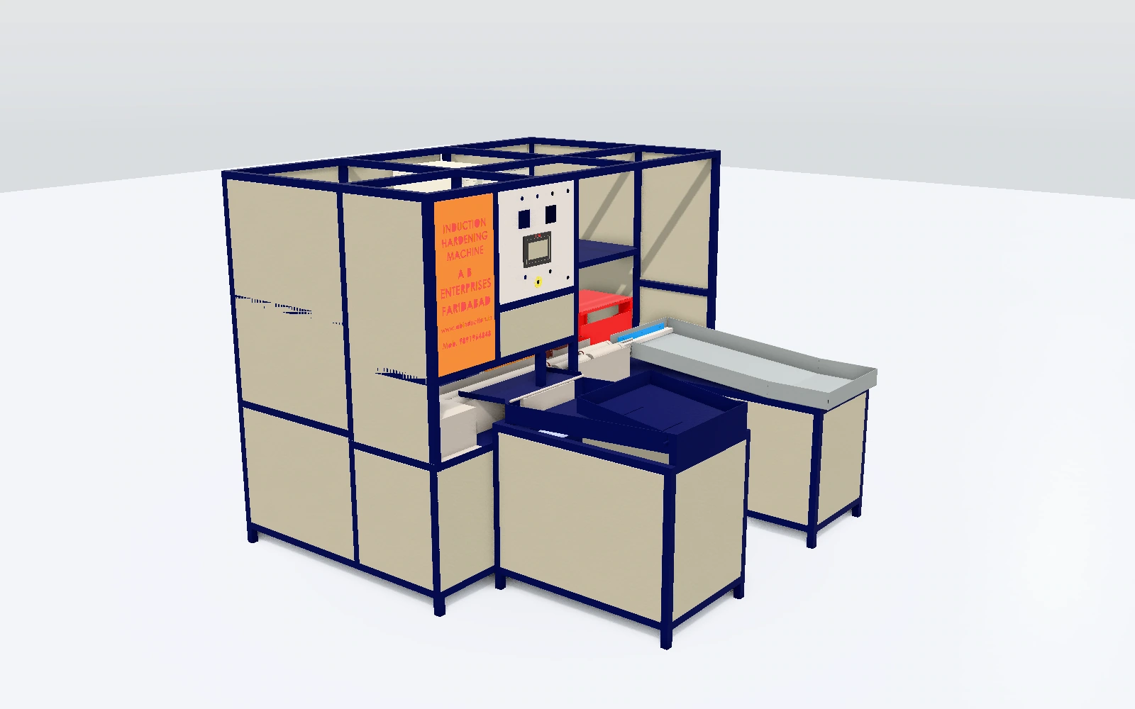 Three-quarter 3D view of the ABE-70AB horizontal machine, with a blue enclosure frame, control panel and projecting work bed.