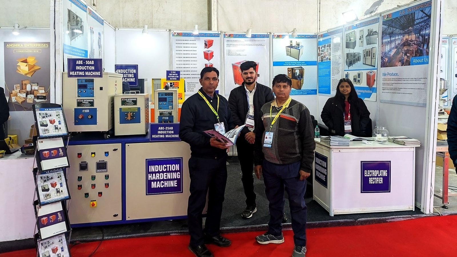 A second view of our exhibition stand, with induction hardening machine and electroplating rectifier display units and literature racks.