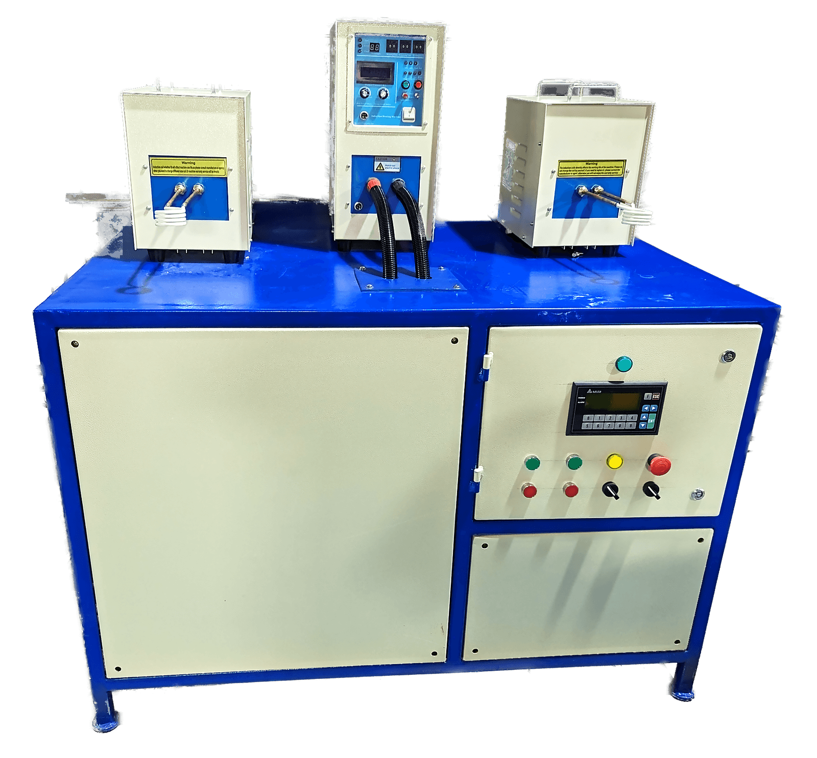 ABE-25AB double station induction brazing machine: a blue-topped bench carrying two brazing stations with three induction power supplies mounted above.