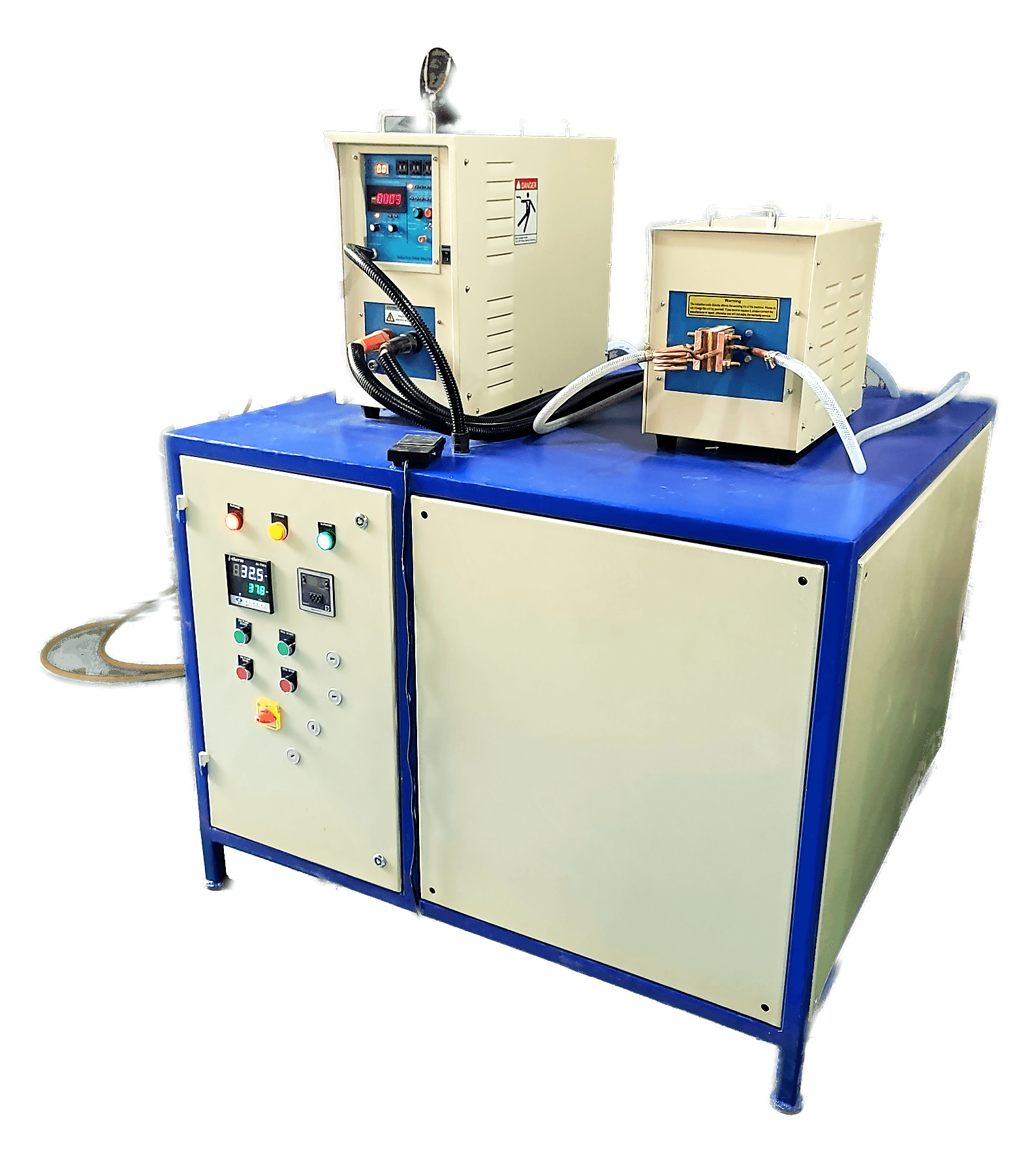 ABE-40AB induction heating machine in our works: a cream cabinet in a cobalt blue frame with a control panel of digital controllers, indicator lamps and selector switches.