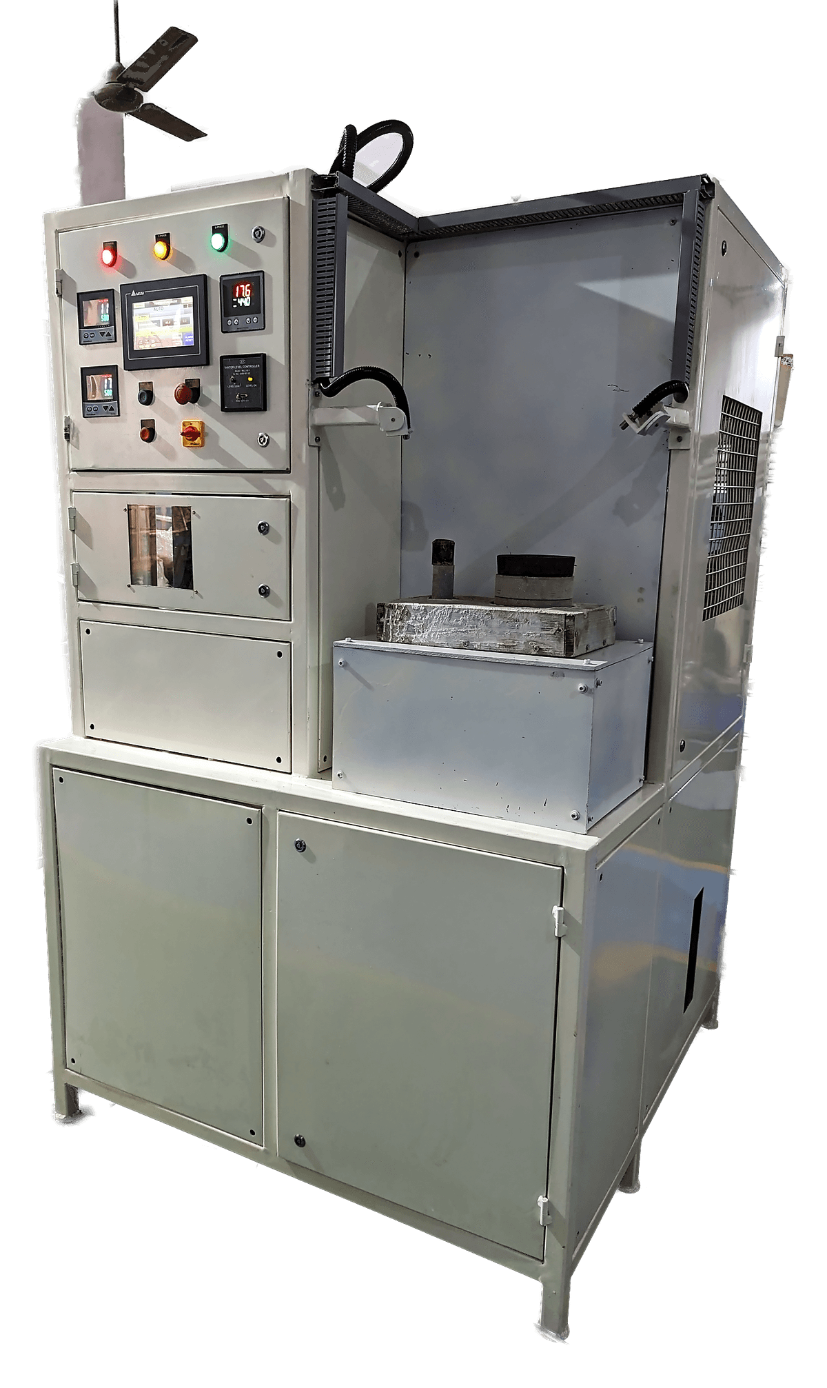 ABE-50AB CI ring and bush dual heating machine: a blue-framed station with the heating position at the top, flanked by the induction power supply and a chiller.