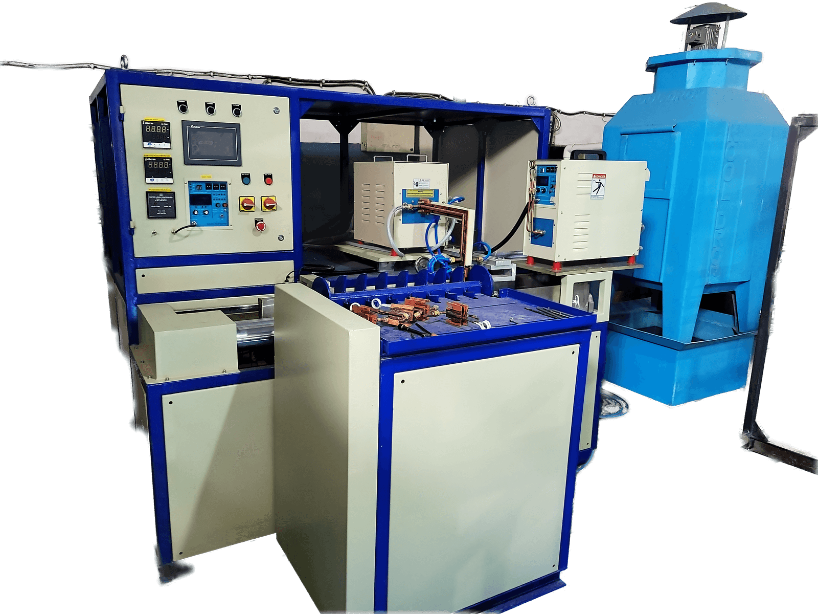 ABE-50AB horizontal hardening machine: a blue-framed bed carrying copper inductors and part supports in line, with the operator control panel at the left and two induction power supplies behind.