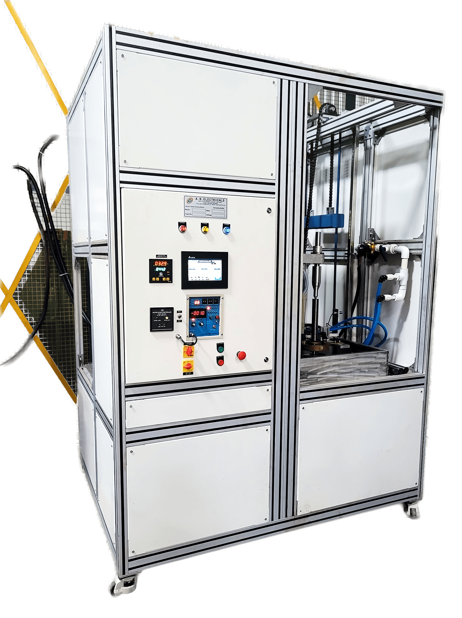 The ABE-50AB PLC induction hardening machine for axle shafts, a blue-framed enclosure with the vertical hardening station and control panel, at our works.