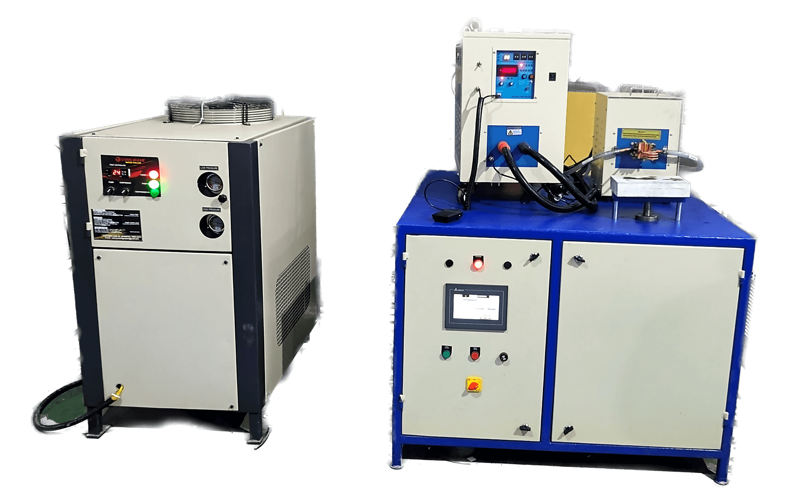 An ABE-50AB induction machine installed alongside its DM water chiller unit, with cooling hoses running between them on the shop floor.