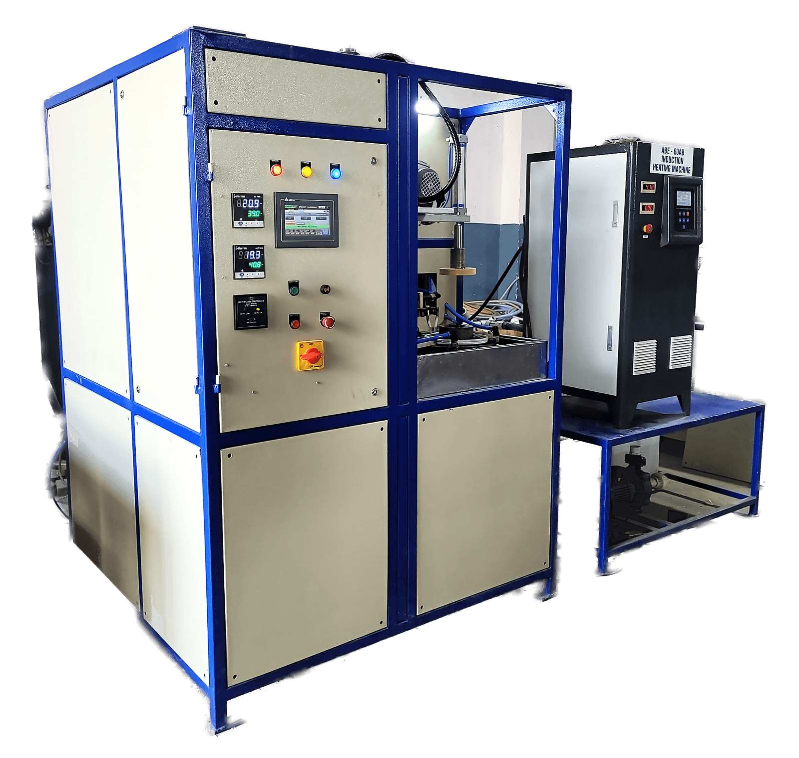 ABE-60AB induction hardening machine: a tall blue-framed enclosure with a touchscreen HMI, digital temperature controllers and a push-button station.
