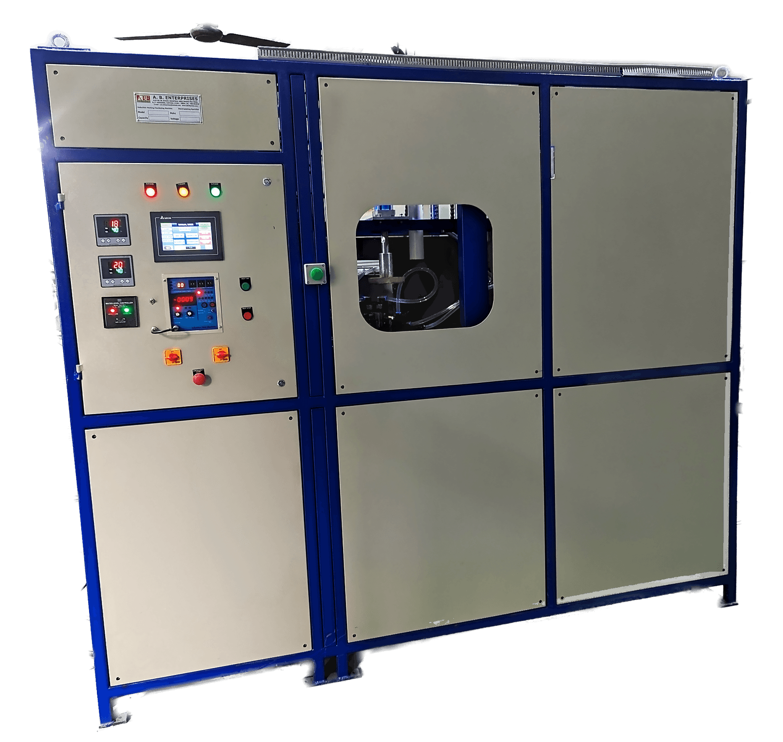 ABE-70AB induction hardening machine photographed on the works floor, showing the blue frame, control panel and the enclosed hardening station.